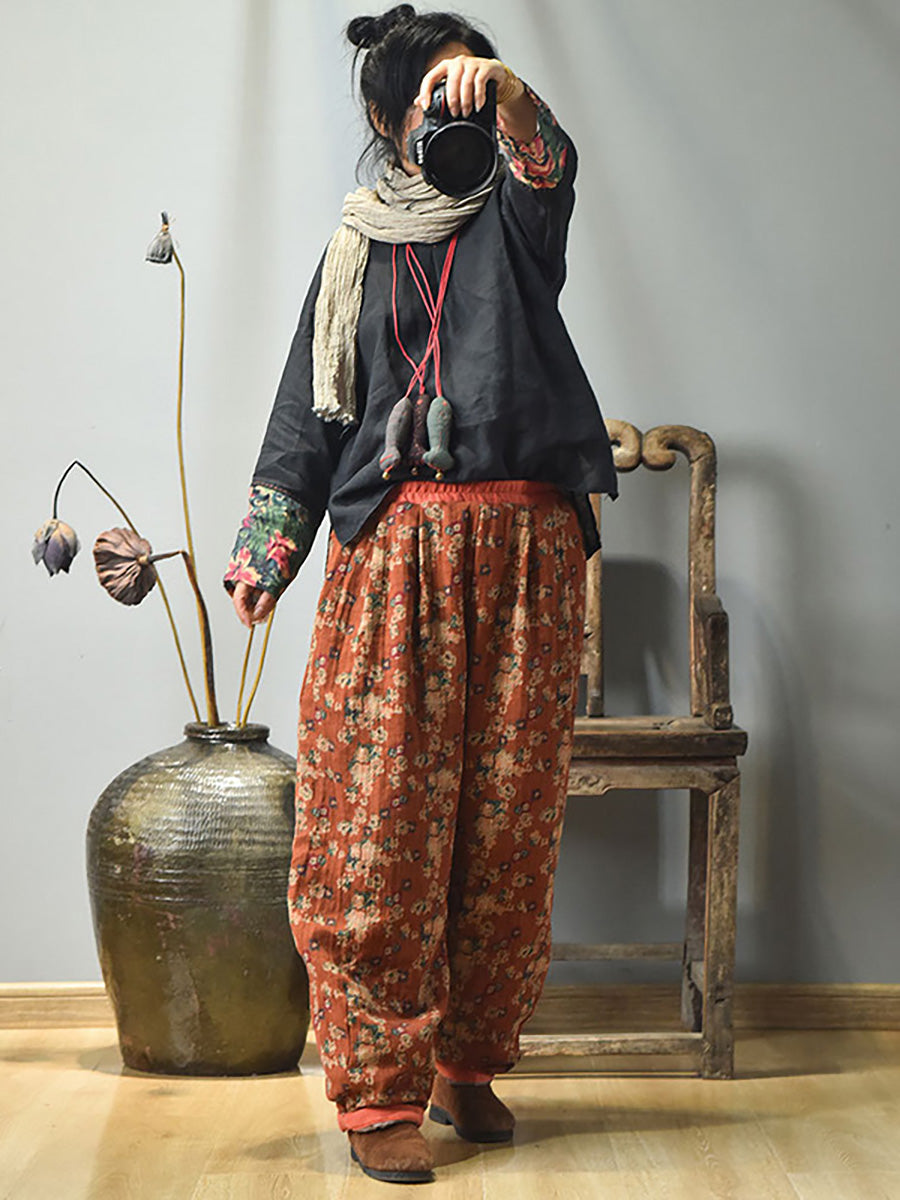 Winter Retro Warm Floral Print Cotton Pants