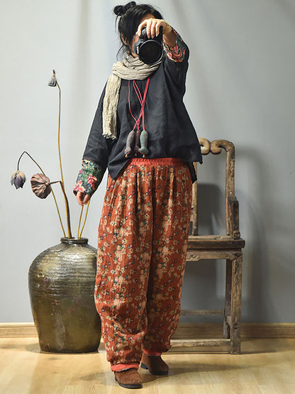 Winter Retro Warm Floral Print Cotton Pants