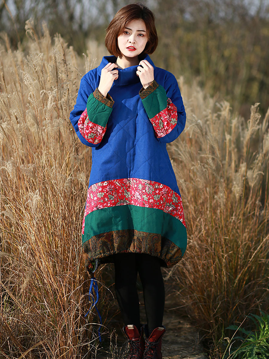 Women Winter Ethnic Patchwork Pocket Pullover Loose Coat