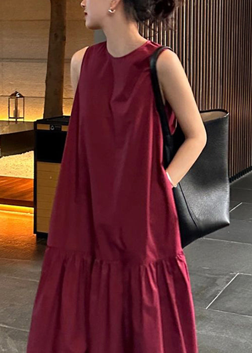 Simple Wine Red Pockets Wrinkled Solid Cotton Long Dresses Sleeveles