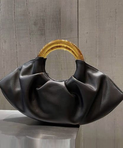 French Black Fan-Shaped Faux Leather Tote Handbag