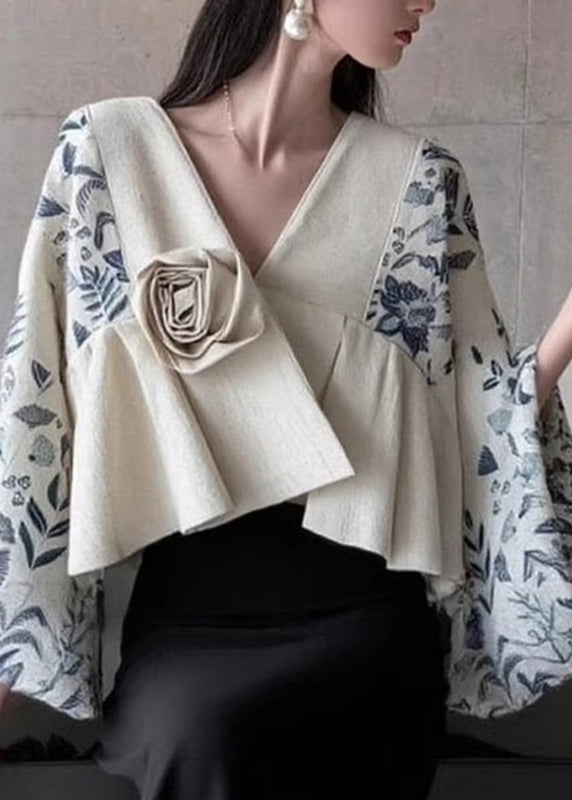 Natural Colorblock V Neck Print Patchwork Floral Tops Flare Sleeve
