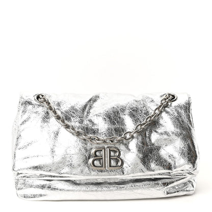 Metallized Arena Calfskin Medium Monaco Chain Shoulder Bag Silver