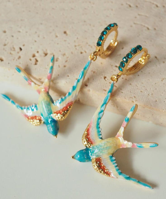 Bohemian Rainbow Copper Alloy Enamel Gem Stone Swallow Drop Earrings