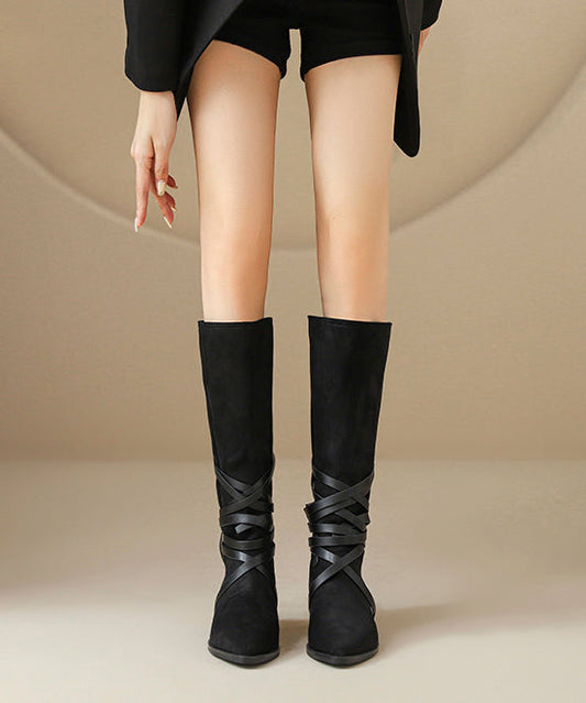 Casual Splicing Boots Black Suede Cross Strap Pointed Toe