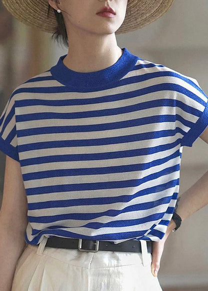 Fashion Blue O Neck Striped Cotton T Shirts Top Summer
