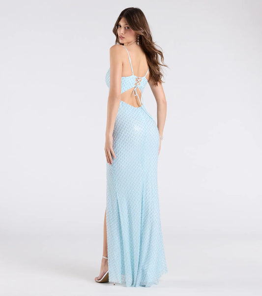 Valeria Cutout Lace-Up Sequin Beaded Formal Dress