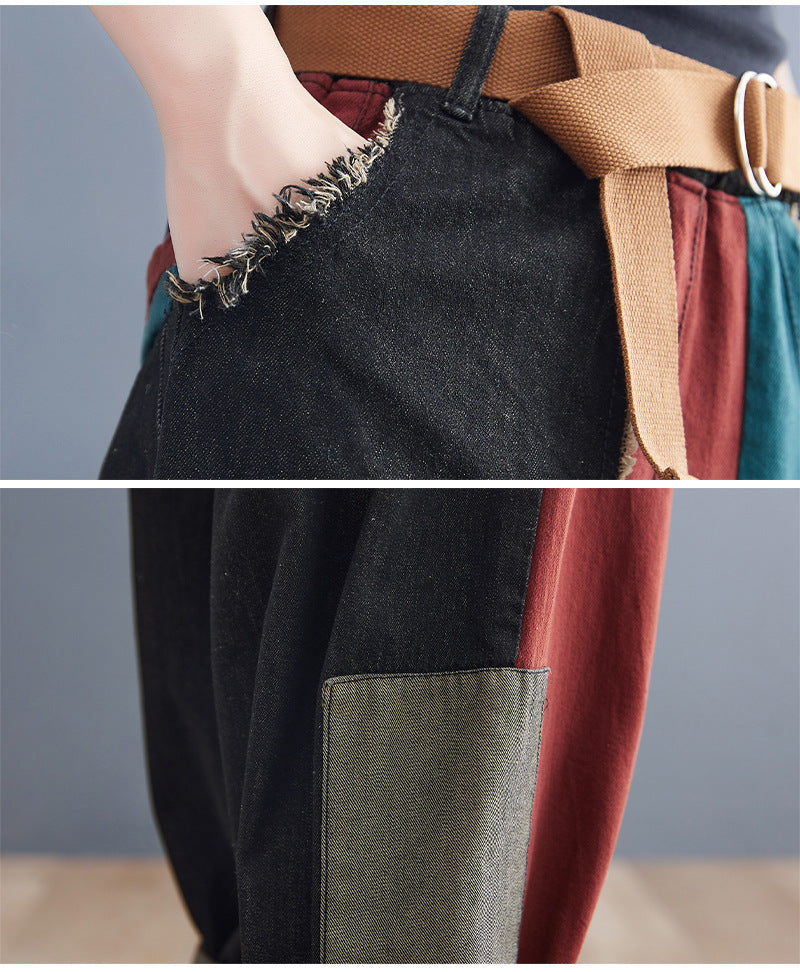 New Literary Plus Size Stitching Denim Harem Pants