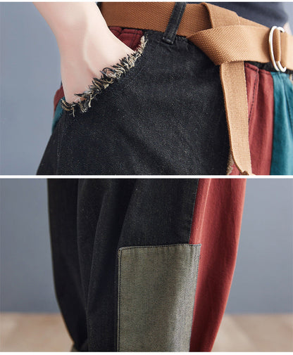 New Literary Plus Size Stitching Denim Harem Pants