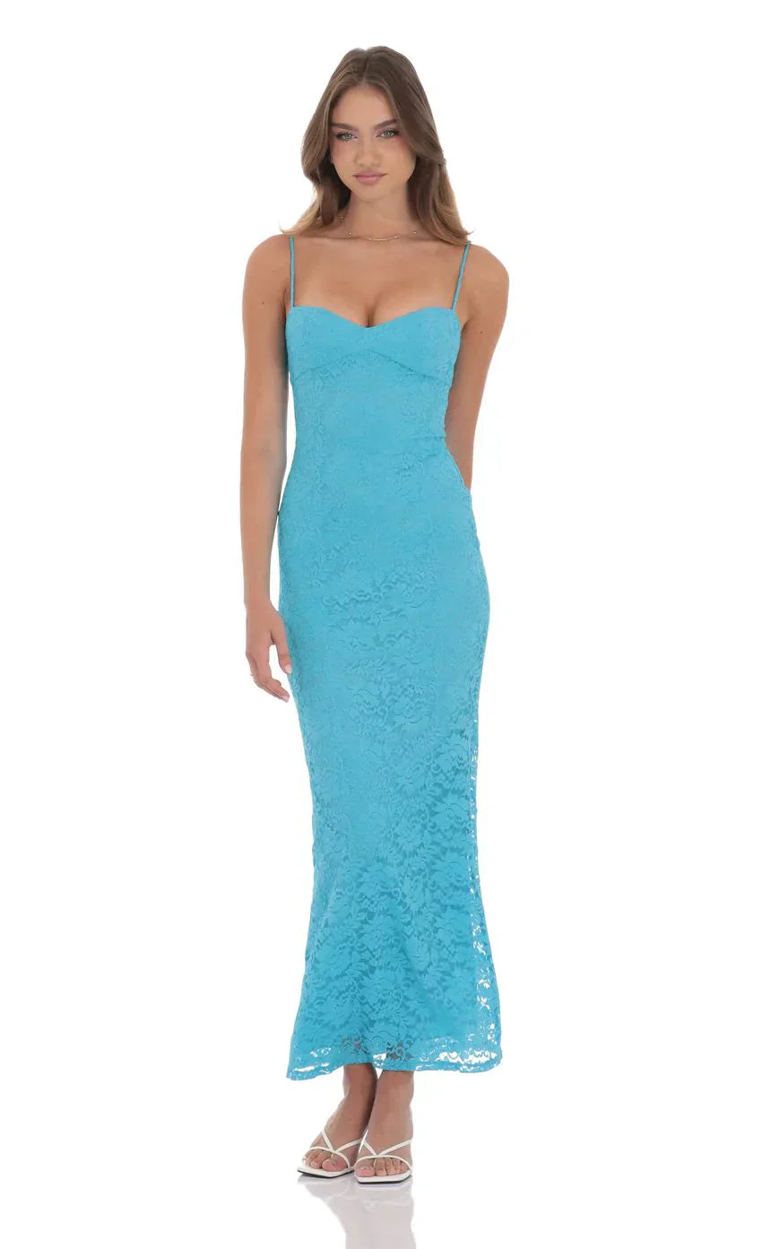 Lace Back Bow Maxi Dress In Aqua Blue
