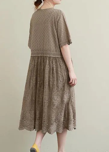 Elegant chocolate embroidery cotton Tunics patchwork hollow out Maxi Dress