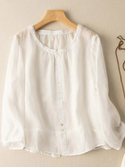 Pure Color Crew Neck Long Sleeve Casual Linen Top