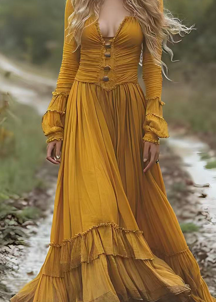Boho Yellow Wrinkled Patchwork Cotton Long Dresses Spring