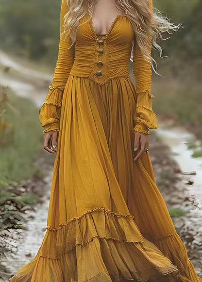 Boho Yellow Wrinkled Patchwork Cotton Long Dresses Spring