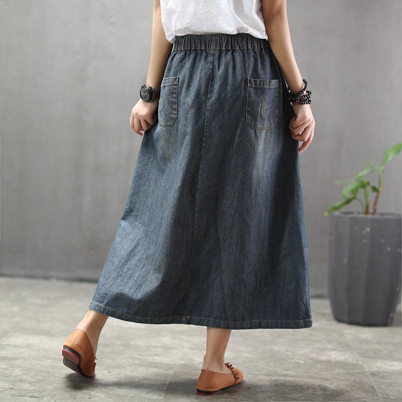 Cozy Thin Cartoon Embroidered Patch Swing  Denim Skirt