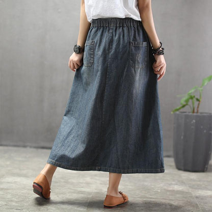 Cozy Thin Cartoon Embroidered Patch Swing  Denim Skirt