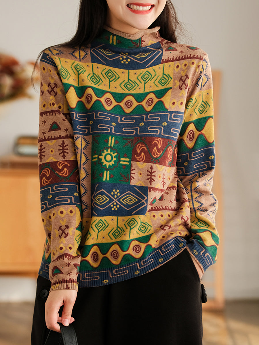 Half-High Collar Cotton Colorblock Women Autumn Casual Sweater
