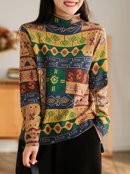 Half-High Collar Cotton Colorblock Women Autumn Casual Sweater