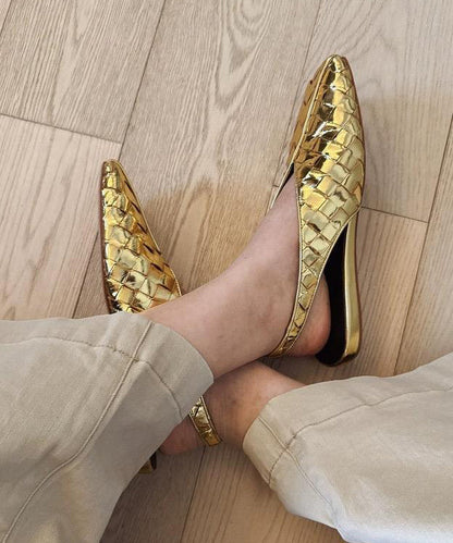 Chic Gold Cowhide Leather Walking Sandals Square Toe