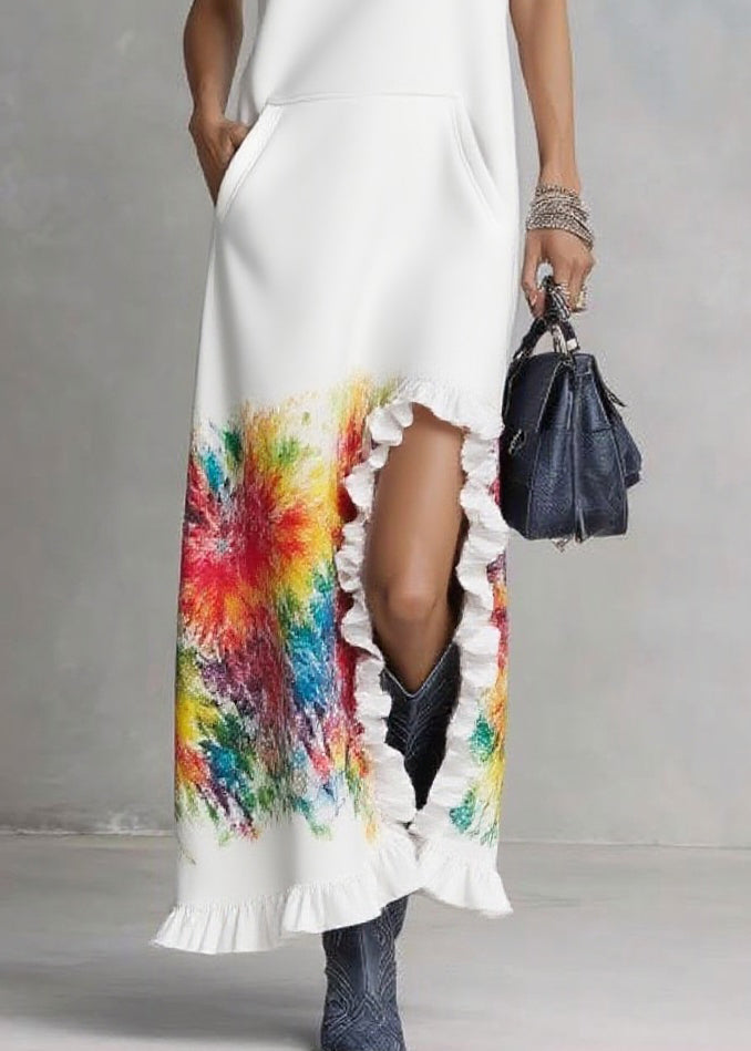 Elegant White Ruffled Print Drawstring Vacation Hooded Dresses Summer