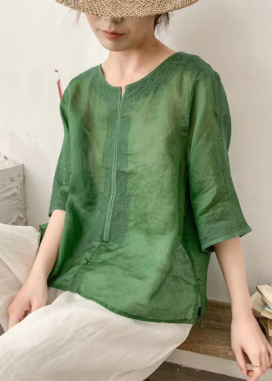 Grass Green Linen Shirts O-Neck Embroidered Summer