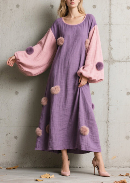 Chic Purple Oversized Patchwork Fuzzy Ball Decorated Long Dress Lantern Sleeve