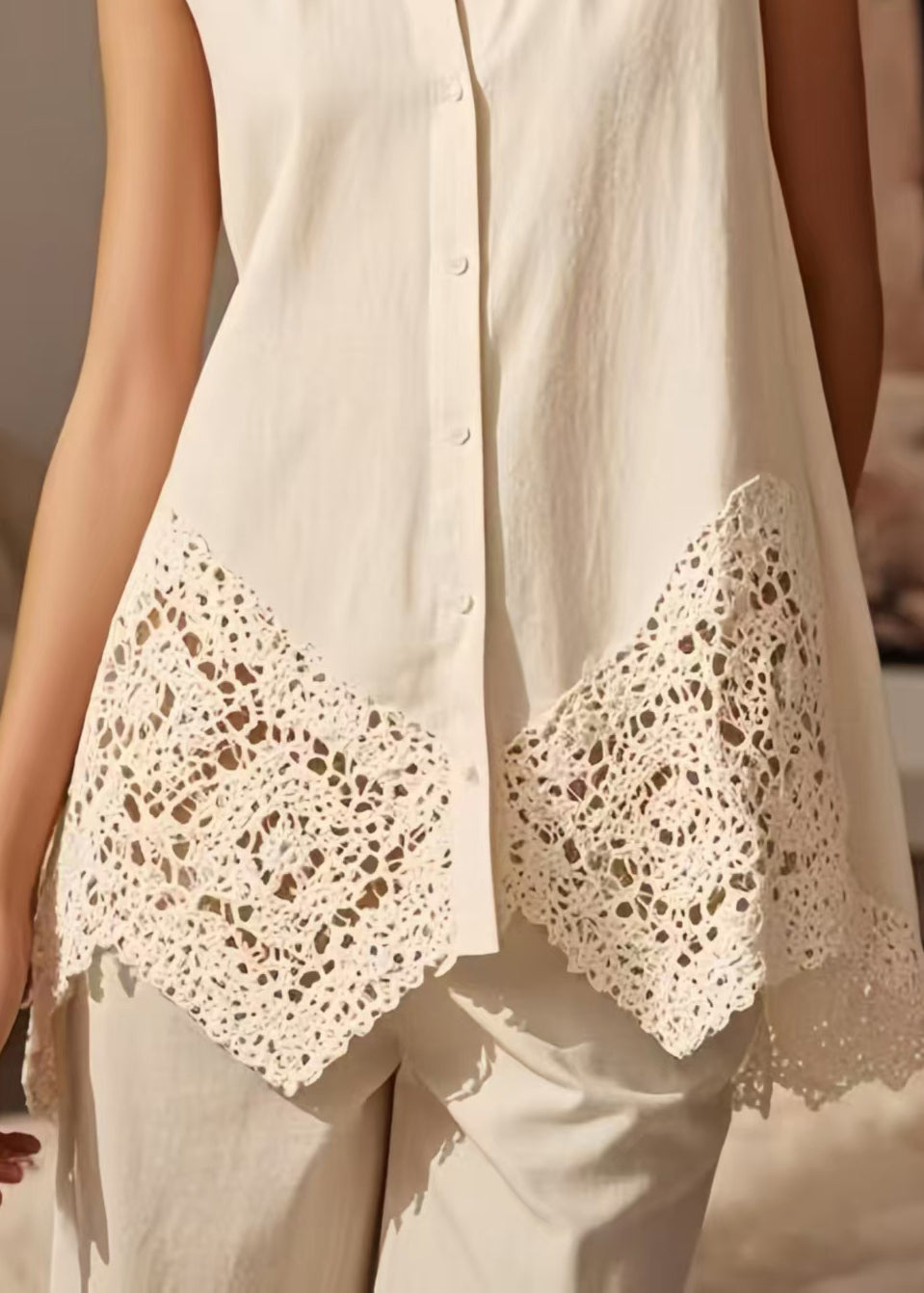 Women White Lace Patchwork Cotton Shirt Tops Sleeveless