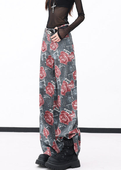 Chic Red Pockets Print Denim Wide Leg Pants Fall