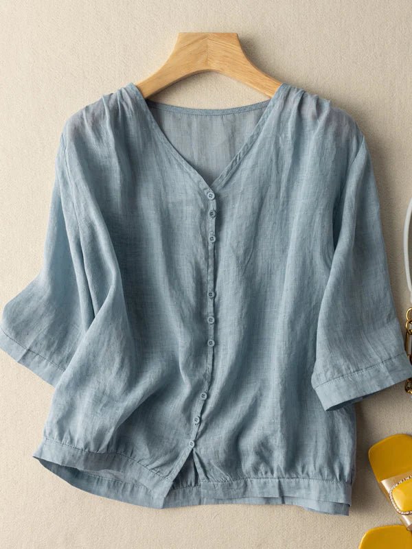 Pure Color V Neck 3/4 Sleeve Casual Linen Shirt Top