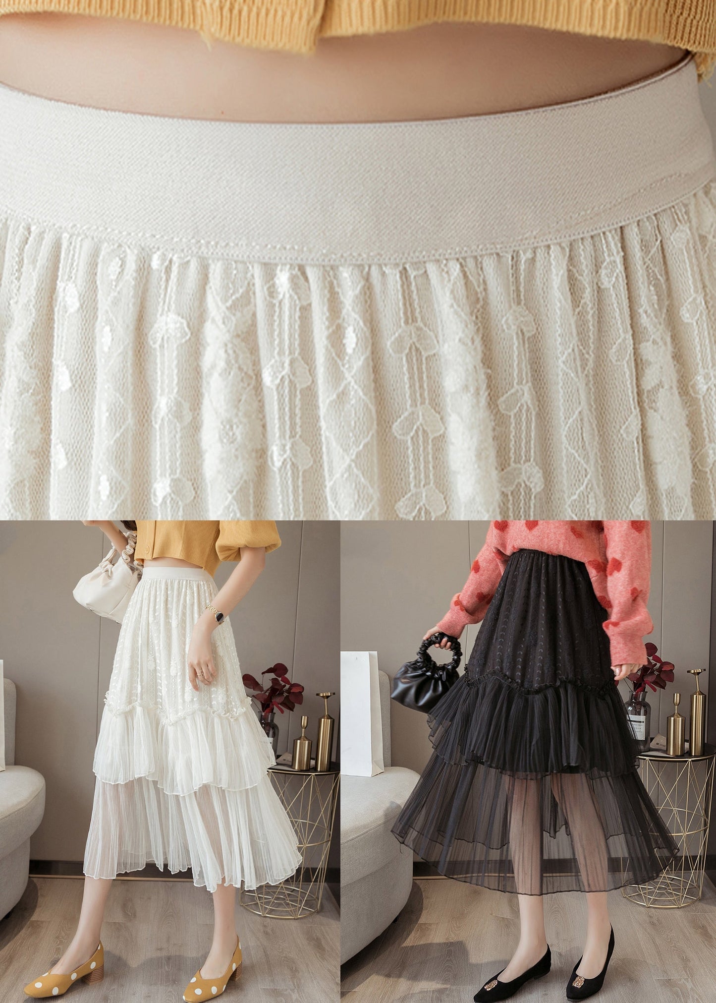 Black Solid Lace Patchwork Chiffon Skirts Elastic Waist