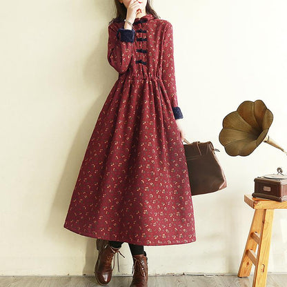 Autumn Winter Retro Floral Plush Thicken Dress