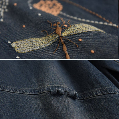 Women Loose  Retro Dragonfly Emboridery Cotton Jeans