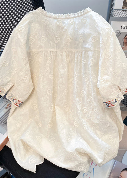 Women White Embroidered Lace Loose Shirts Summer