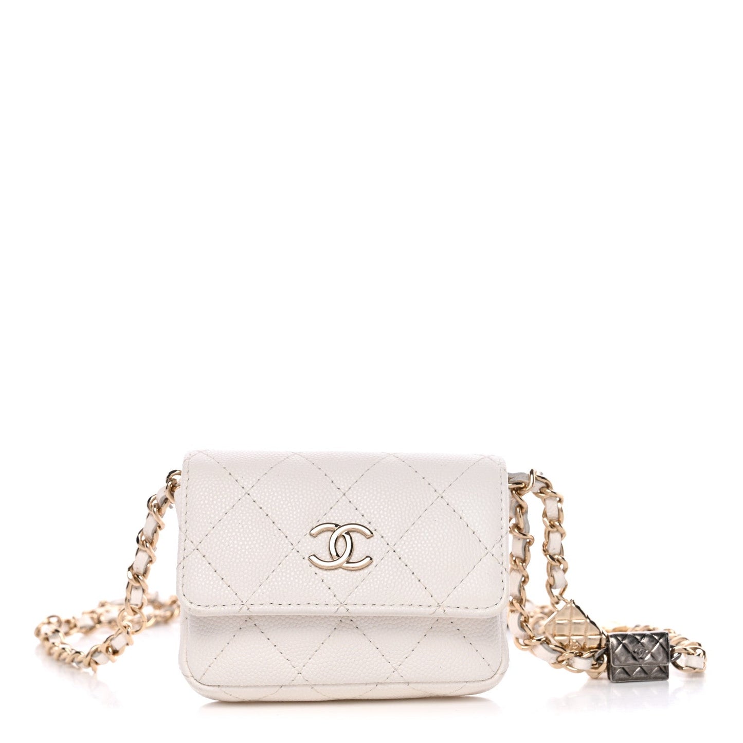 Caviar Quilted Belt Bag With Charms On Chain White