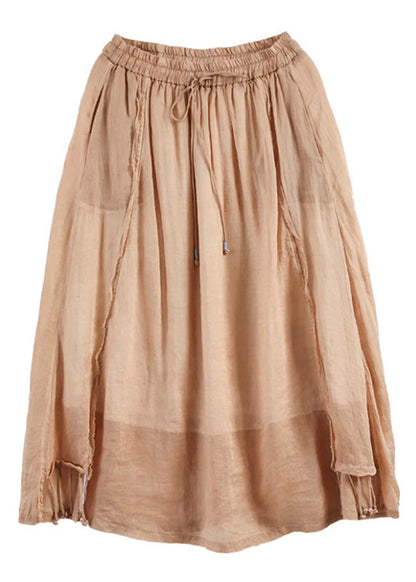 Cute Khaki Patchwork Elastic Waist Solid Ramie A Line Skirts Summer