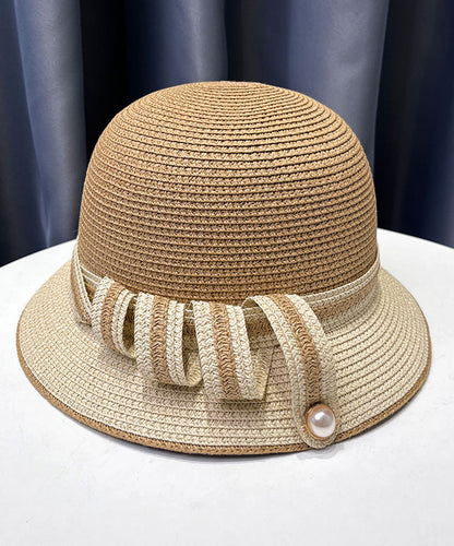 French Elegant White Straw Woven Bucket Hat