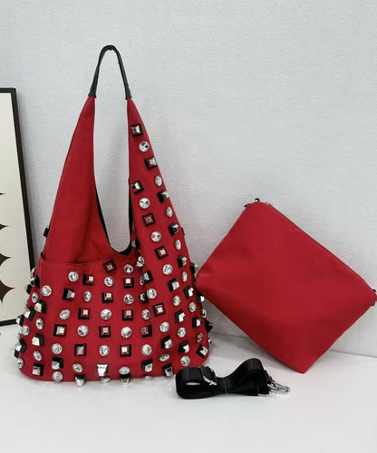 DIY Black Rhinestone Large Capacity Nylon Shoulder Bags