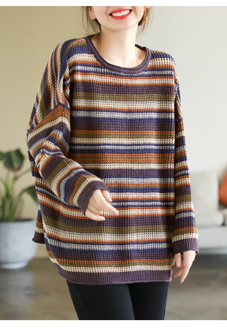 Colorful Red Striped Cotton Knitted Sweater