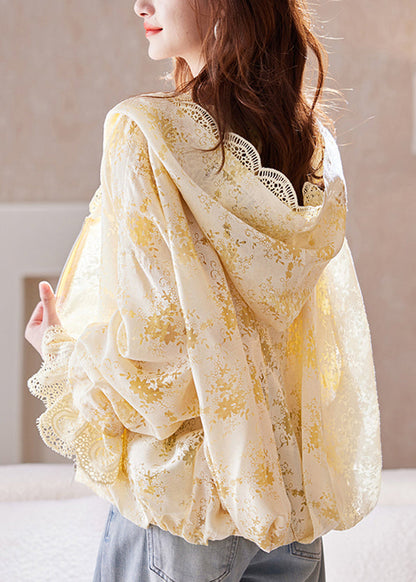 Fashion Yellow Zip Up Lace Hoodie Coat Batwing Sleeve