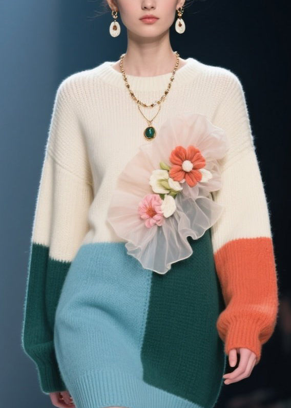 Plus Size Colorblock O Neck Floral Knit Sweaters Dress Fall