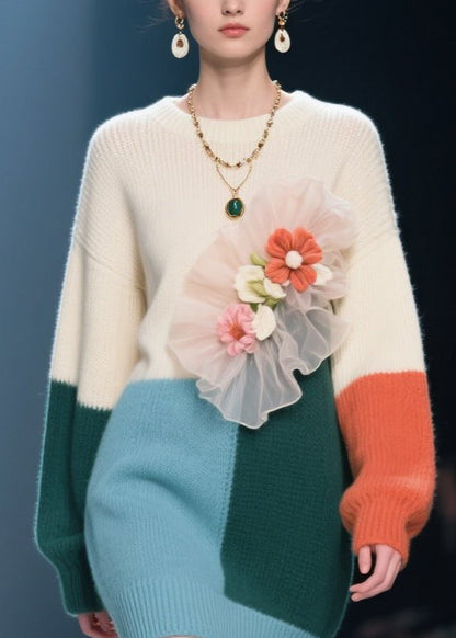 Plus Size Colorblock O Neck Floral Knit Sweaters Dress Fall