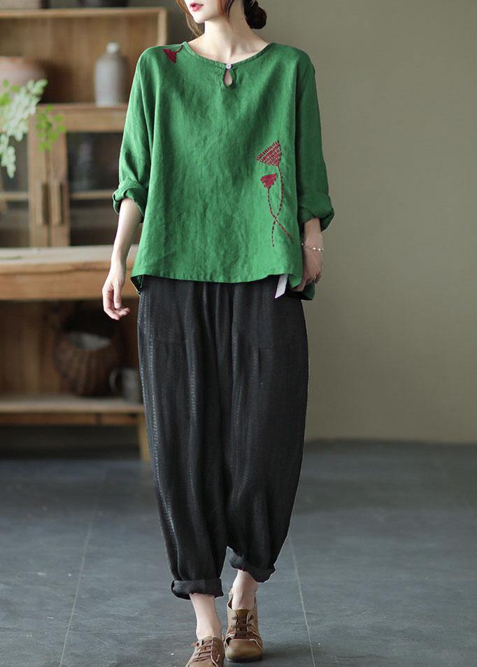 Plus Size Green Loose Embroideried Fall cotton blend Shirt Tops Long Sleeve