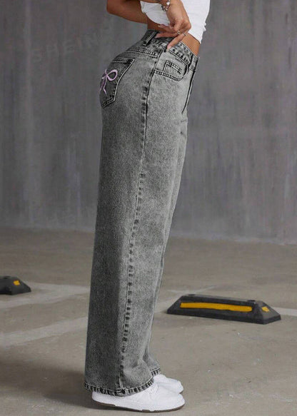 Vintage Grey Embroidered Pockets Denim Pants Summer