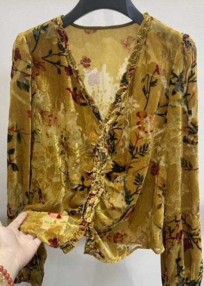 Vintage Yellow V Neck Ruffled Button Silk Velour Shirt Fall