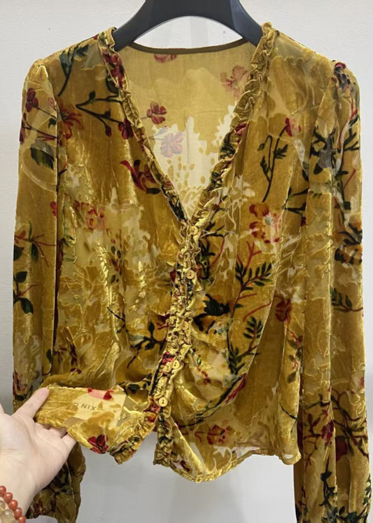 Vintage Yellow V Neck Ruffled Button Silk Velour Shirt Fall
