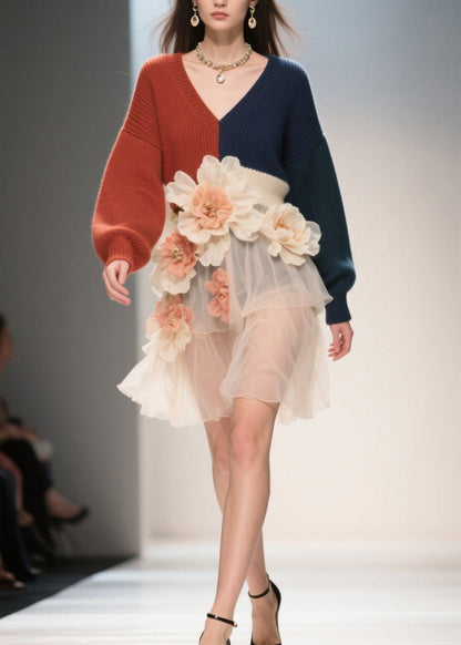 French Colorblock V Neck Tulle Floral Patchwork Knit Dress Fall