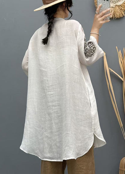Vintage Apricot Embroidered Linen Long Shirt Summer