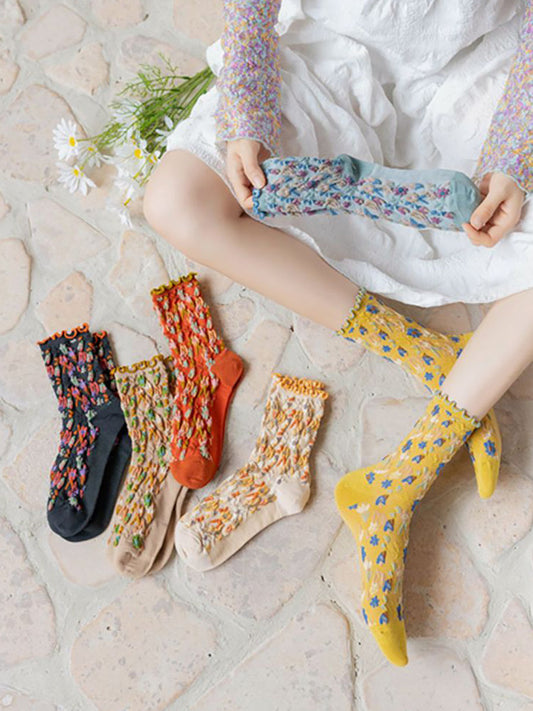 6 Pairs Japanese Floral Cotton Socks Women Vintage Socks