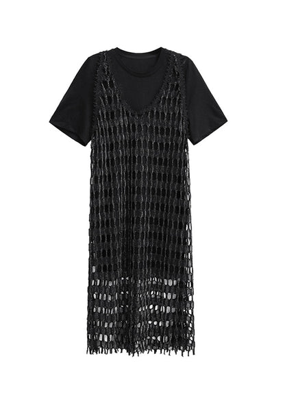 Fashion Black O Neck Cotton Two Piece Set Outfits Summer