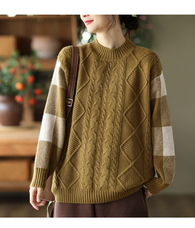 Retro Thick Jacquard Knit Color Block Three-dimensional Sweater